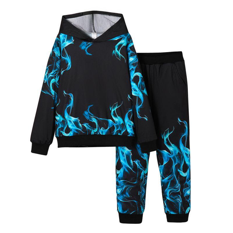 

6-11 Years Kids Cool Flame Pattern Clothes Set Hooded Sweatshirt and Pants 140
