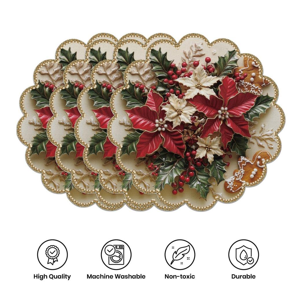 Christmas Themed Exquisite Printed Wavy Placemats, Red Berries, and Golden Pine Branch Patterns, Non-slip, Heat-resistant, Suitable for Holiday Table