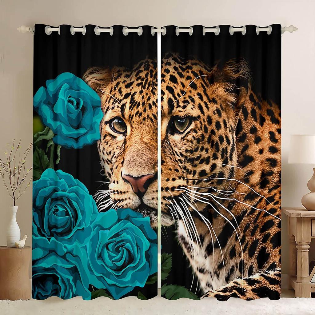 Retro Colorful Rose Animal Lion Print Curtains Living Room Study Children's Room Decorative Curtains Easy To Wash And Care 2PCS