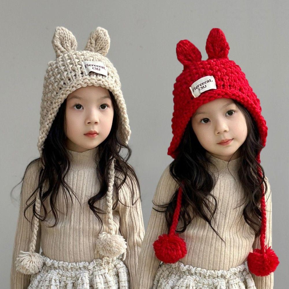 Solid Color Baby Crochet Hat Rabbit Ear Ear Protection Cap Korean Hand Knitted Cap  Kids