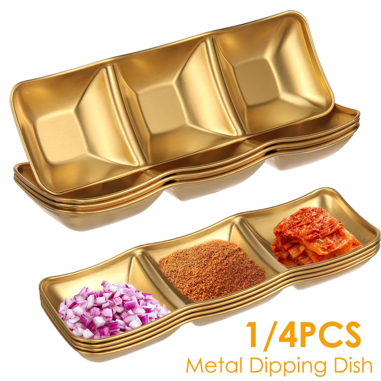 1/4Pcs Sauce Dish 3 Grids Stainless Steel Dipping Saucer BBQ Sushi Condiment Plate Spice Jar Korean Sauce Bowl Kitchen Tableware