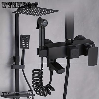 1 Set Black All-Copper Rain Shower System, Home Pressure Spray Set, 10-inch Top-mounted Shower Head with Handheld Shower Head