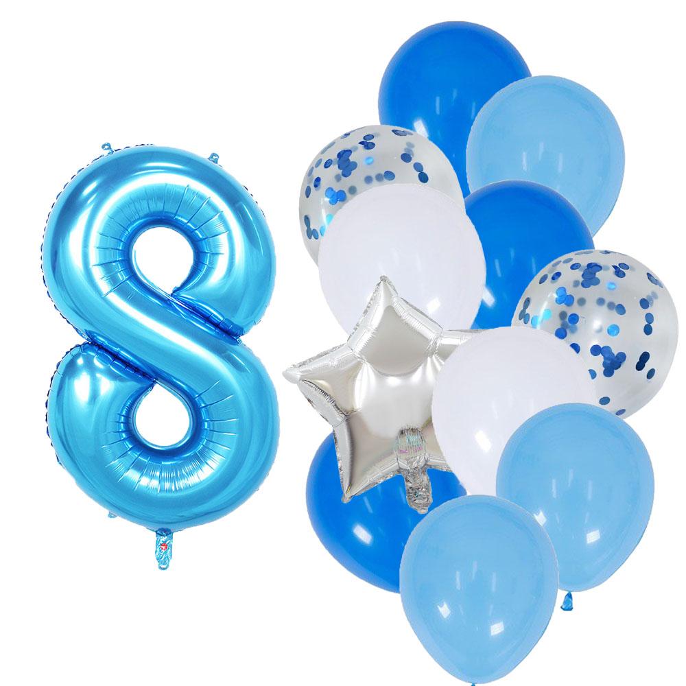 12 Pcs Blue 32 Inch Number Foil White Latex Balloon Happy Birthday Party Decorations Kids Boy Baby 1 2 3 4 5 6 7 8 9 Year Old