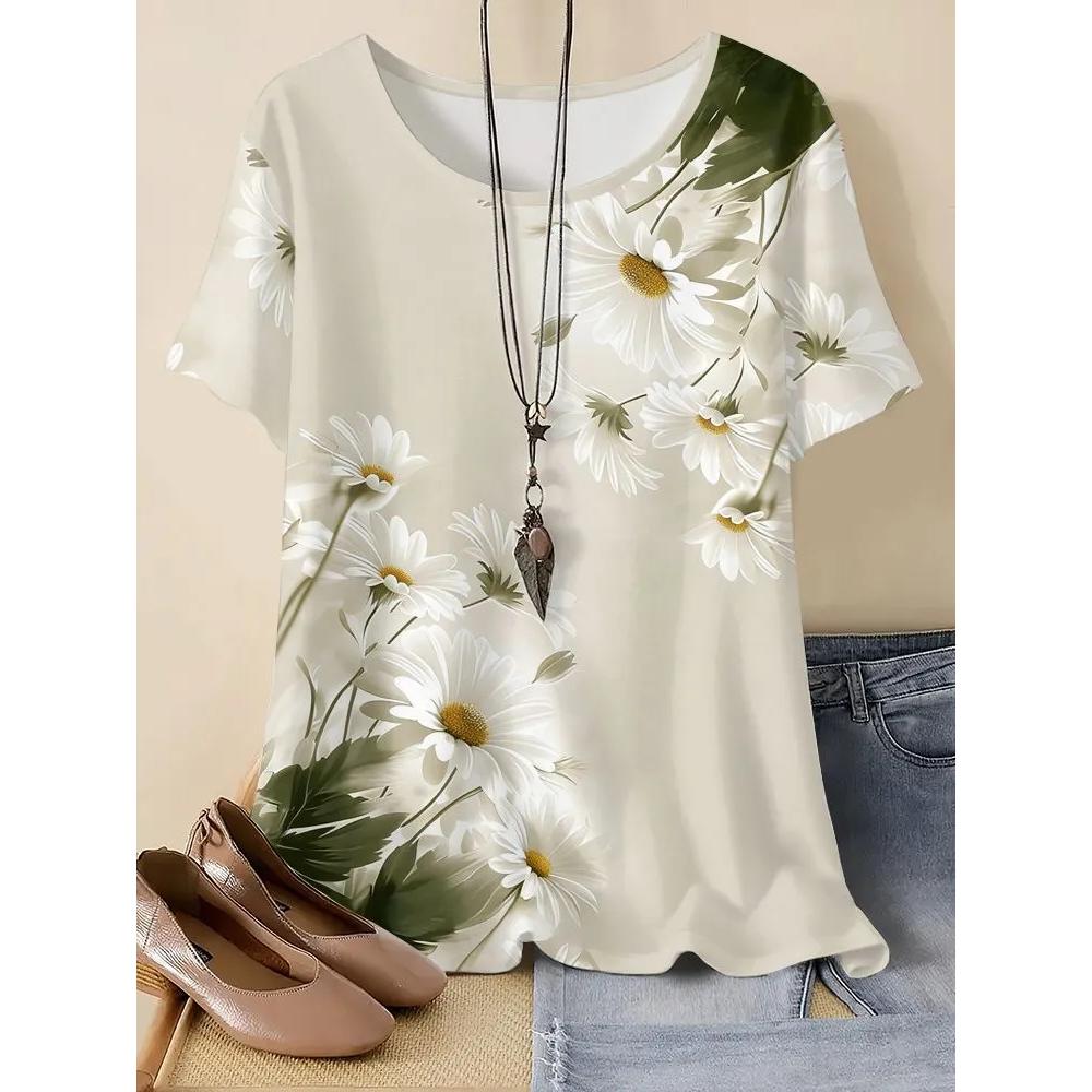 Modisches Blumendruck Damen Top Lässig Kurzarm Locker Bequem T-Shirt Vielseitige T-Shirts Damen