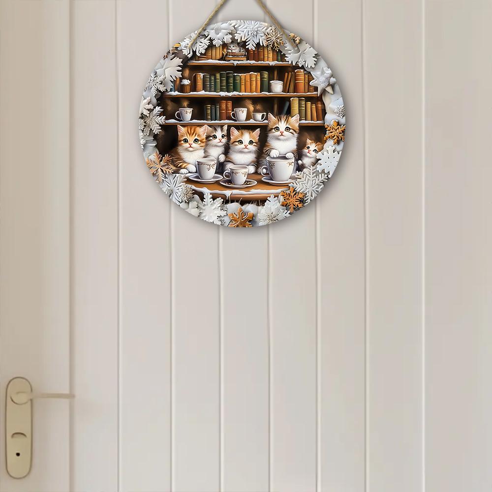 2D flat hanging decorative signs,interior wall or door decoration,garden Dec,the pattern is bookshelf and cute kitten,a housewarming gift for friends