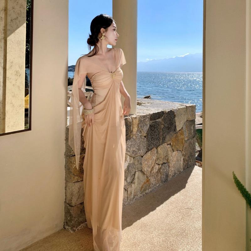French Celebrity Premium One Shoulder Mesh Long Dress Skirt Vintage Tube Top Dress
