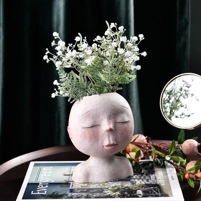 Nordic Resin Human Head Vase Art Flower Arrangement Doll Sculpture Flower Pot Potted Plant Home Garden Decoration