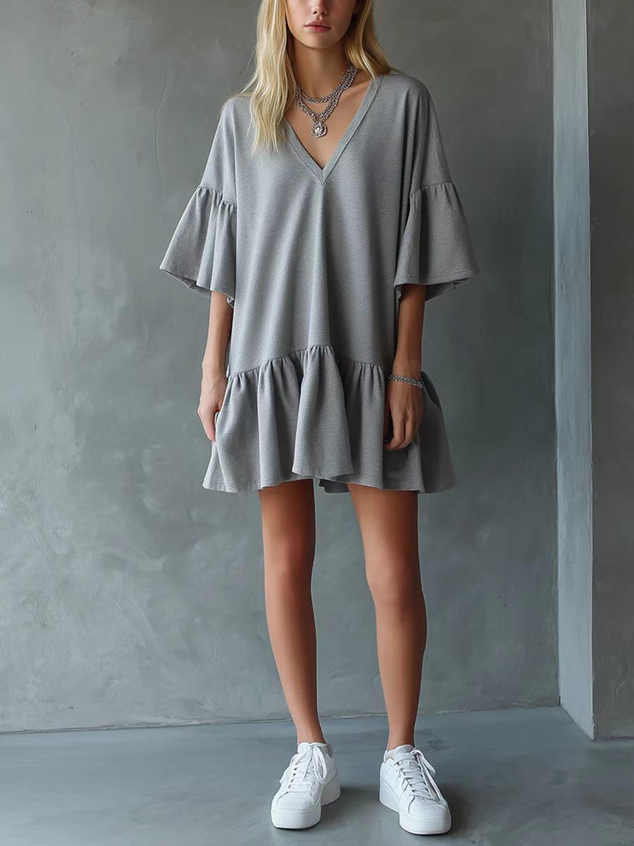 Women Grey V Neck Flounce Sleeve Loose Fit Dress with Ruffled Hem S серый
