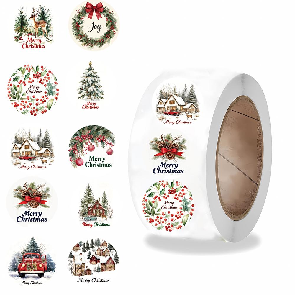 500Pcs/roll Merry Christmas Stickers Cartoon Laptop Phone Cafe Luggage Bicycle Cartoon Words Streetwear Waterproof Sticker