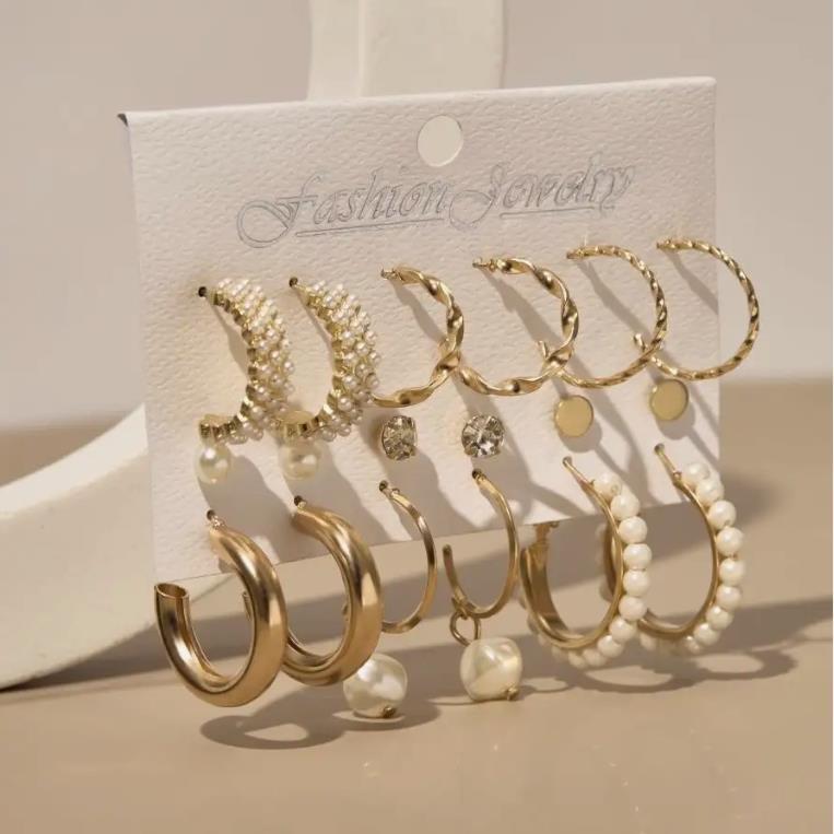 French Retro Pearl Circle Stud Earring Set - 6 Pieces for Women