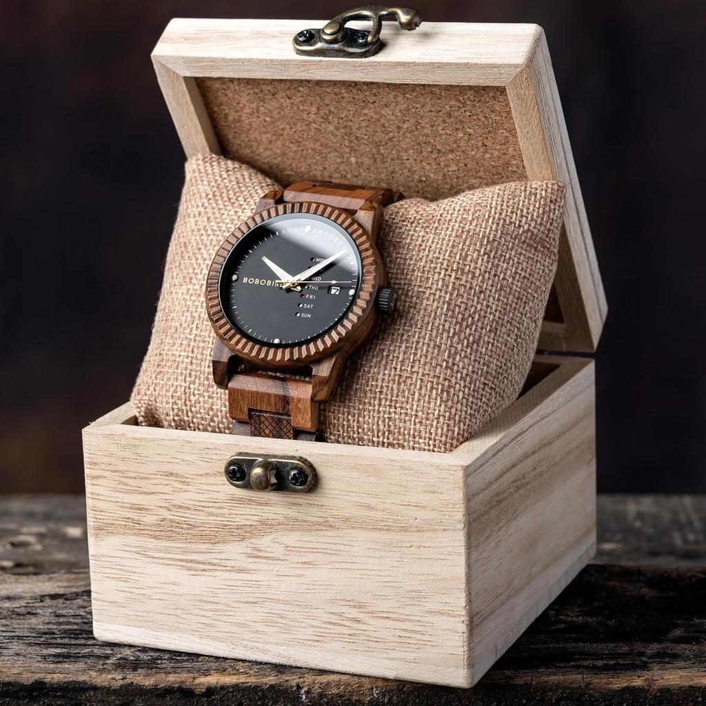 BOBO BIRD Men's Wooden Watch with Analog Quartz Movement, Day Calendar Display, Lightweight Handmade Wooden Men's Wristwatch (Black)