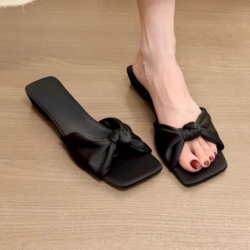 Fashion Summer New Low-heeled Slippers Square-toed Fabric Pleated Butterfly Knot Soft-soled Anti-slip and Wear-resistant Sandals