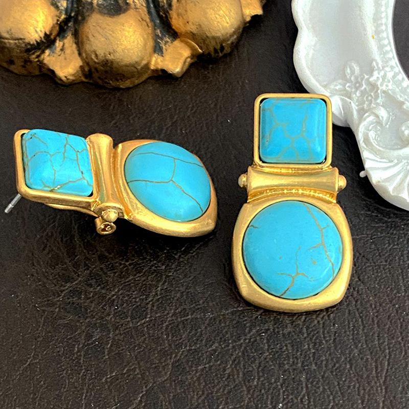 Turquoise Stud Earrings For Women Geometric Palace Style Medieval Fashion Elegant Retro Jewelry Gift