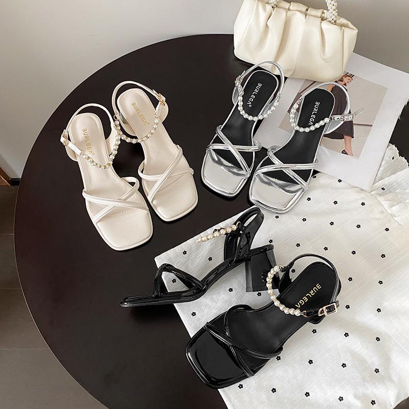 Summer New Thick Heel One-word Buckle Sandals Women Silver High Heel Pearl Fairy Style Versatile Sandals Women