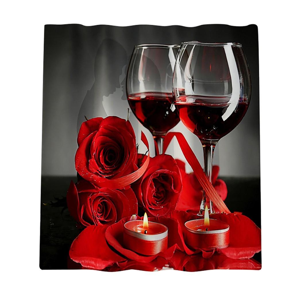 Waterproof Shower Curtain with Romantic Wine Glasses and Roses Print 180x180cm Bathroom Decor Fabric Shower Curtain