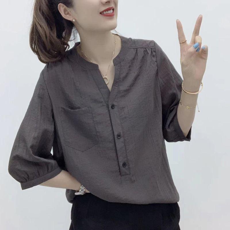 

Thin Blouses Summer New Design Sense Niche Style V-neck Half Sleeve Shirt Tops Fashion Loose Fit Slimming Shirt Grey M([45.00 kg-60.00 kg]])