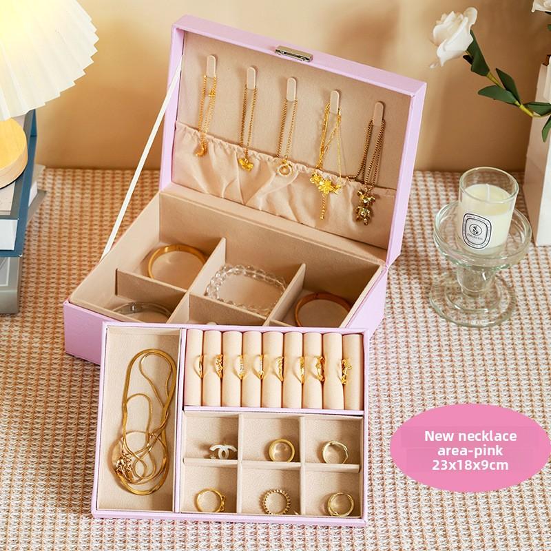High-end Leather Double-layer Jewelry Box Necklace Ring Jewelry Stud Earrings Display Jewelry Storage Box with Lock