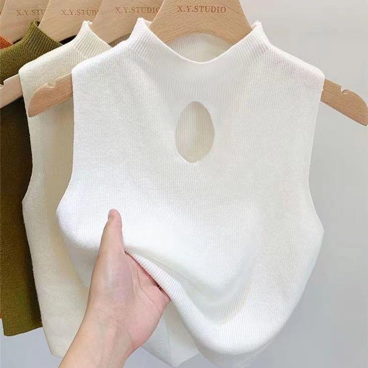 

Turtleneck Hollow-out Knitted Hot Girl Camisole Tank Top Women s Early Autumn Retro Short Sleeveless Top S