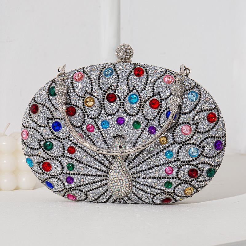 

Circular Design Women Evening Bags Rhinestones Party Wedding Bridal Clutch Bag Diamonds Metal Peacock Animal Small Handbags срібний
