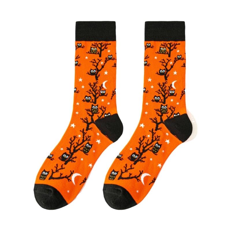 Halloween Themed Cotton Socks Elastic Cuffs Breathable Fabric Practical Wear Festive Ghosty Pumpkin Patterns