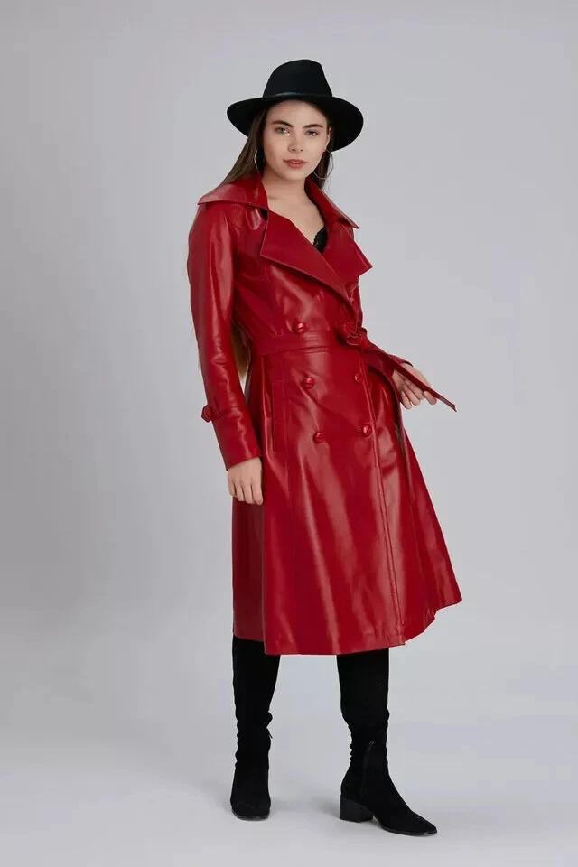 Handmade  Women's Red Trench Coat Stylish Leather Genuine Lambskin Long Designer