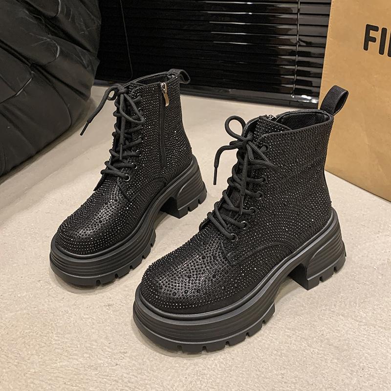 Mode Herbst Neue Plateau Einzelstiefel Damenmode Runde Spitze Strass vorne Schnürung Seitlicher Reißverschluss Bequeme Kurze Stiefel