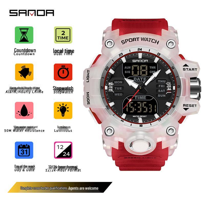 Sanda Men's Multifunctional Waterproof Green Light Countdown Watch - Korean Style with Transparent Design and Alarm.