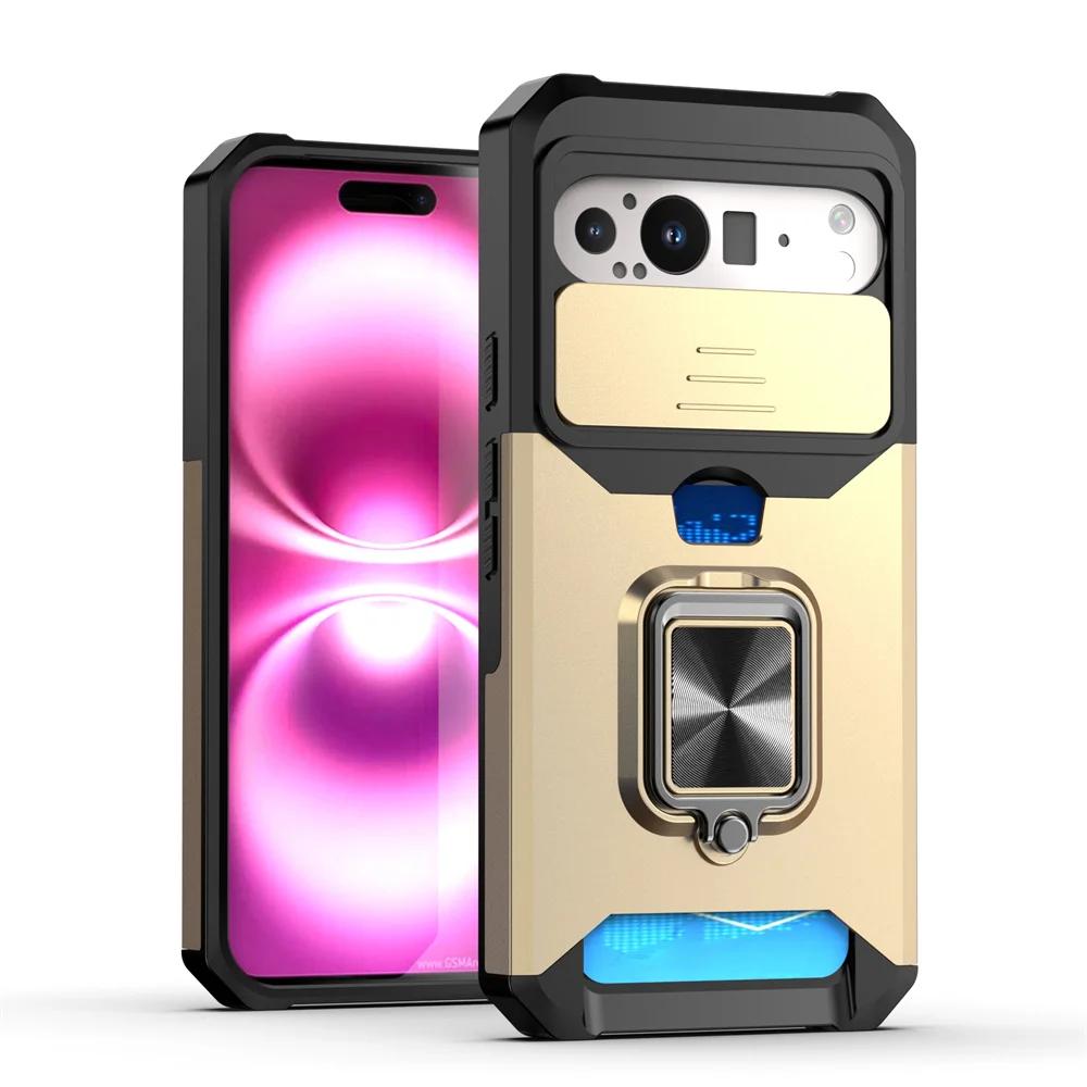 

Slide Camera Protection Magnetic Phone Case For Google Pixel 10 9 8 8A Pro XL 7A 7 6 6A 5 5A Luxury Push Card Folding Ring Stand For Pixel 10 Pro&Case & Holder