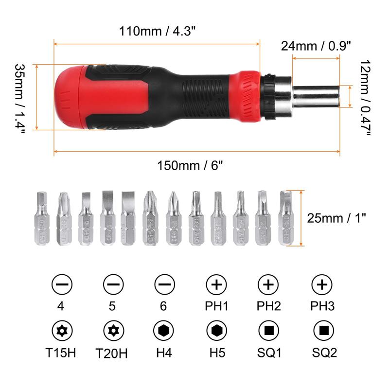 13 In 1 Ratcheting Multi Functional Crewdriver Multi-Bit Magnetic Screw Driver with 12pcs Slotted/Philips/Torx/Square Bits
