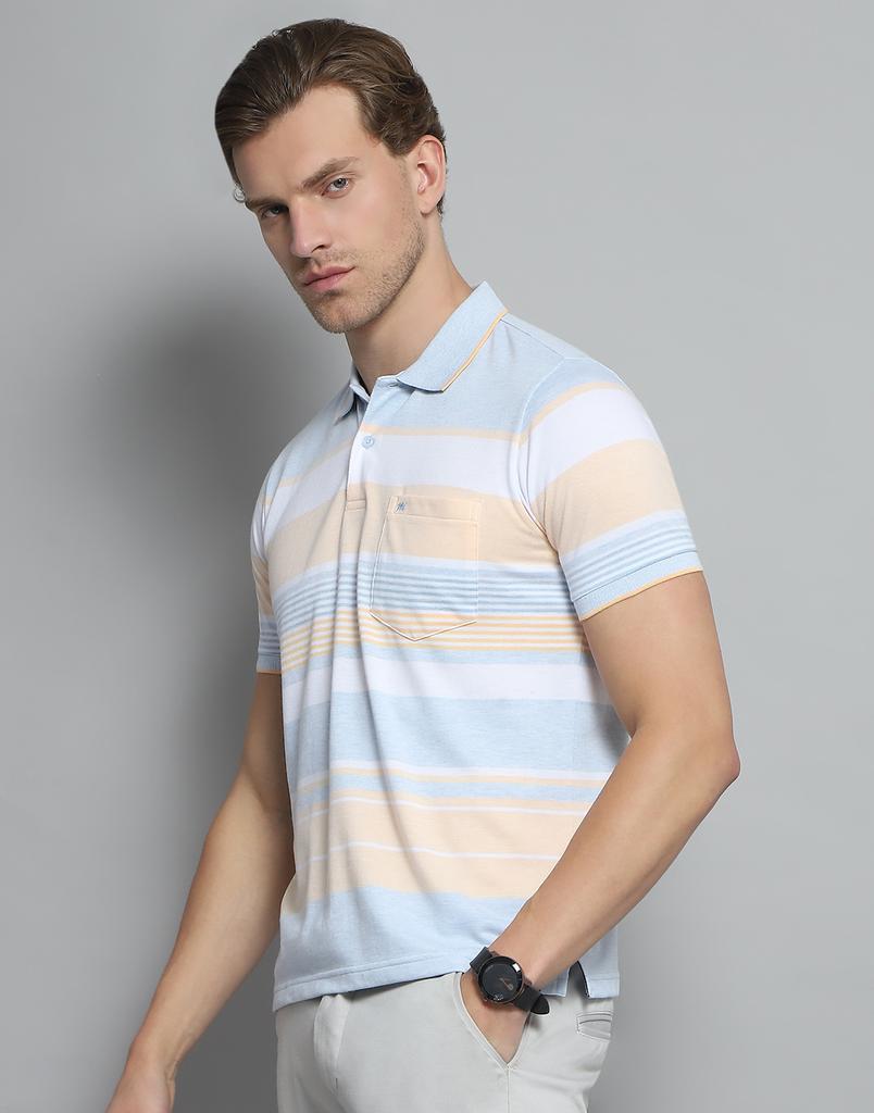MONTE CARLO Mens Striped Blue Collar Neck Half Sleeve T-Shirt
