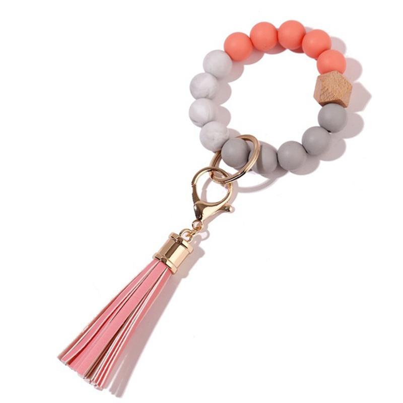 Stock Silicone Beads Elastic Bangle Bracelet Keychain Leather Tassel Silicone Beads Bracelet Wristlet Keychain for Women