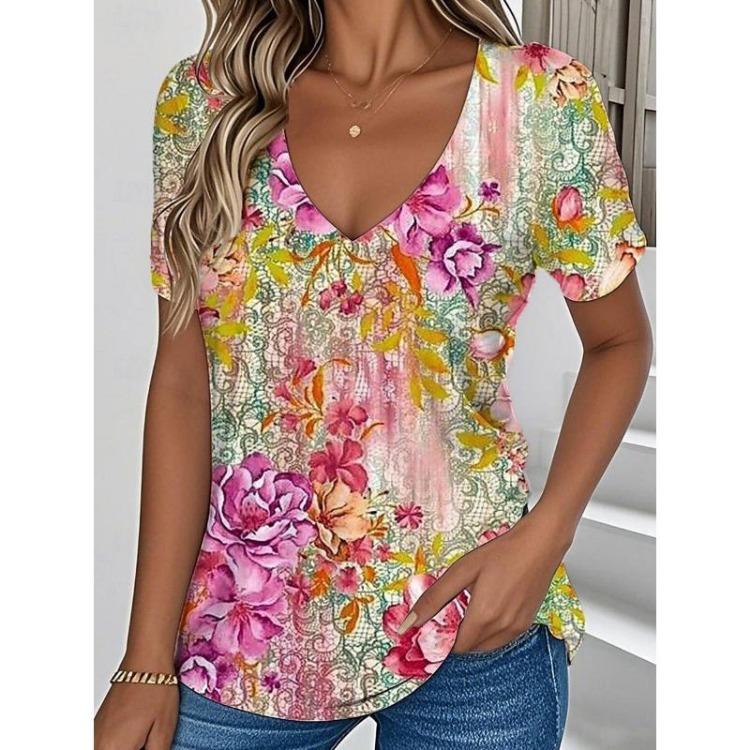Summer Women Clothing Floral Print V Neck T Shirt Retro Casual Outdoor Blouse Plus Size
