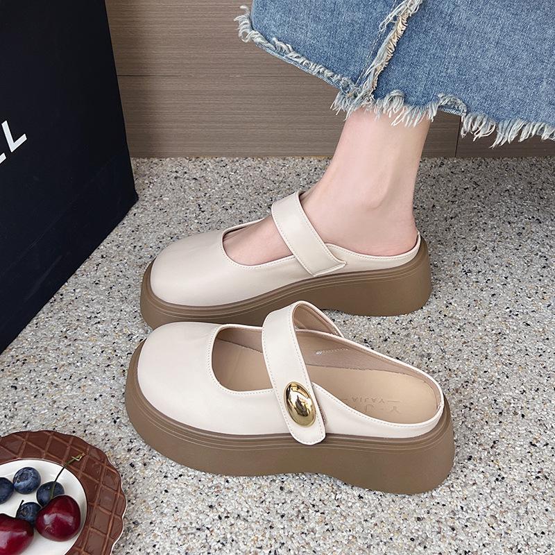 French Small Leather Shoes Women's 2025 Spring New Retro Platform Mary Jane Love Thick Heel Round Head British Style Half Drag
