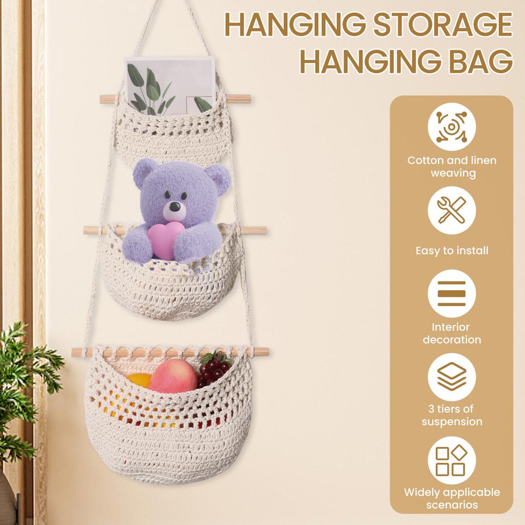 Cotton Linen Wall Hanging Fruit Basket 3 Layer Over the Door Organizer Classified Storage Hanging Storage Bag for Household