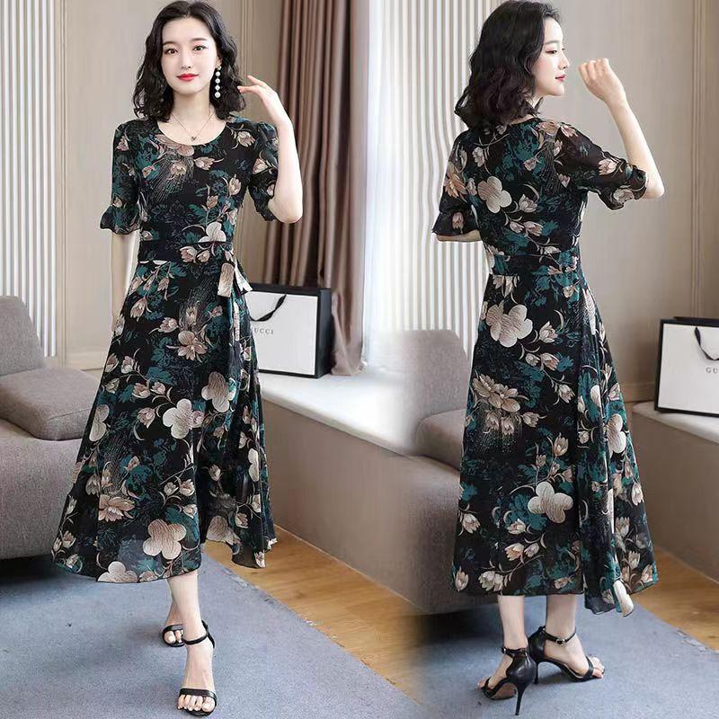 Summer new large size waist thin foreign style long round neck floral fashion temperament short sleeve dress women