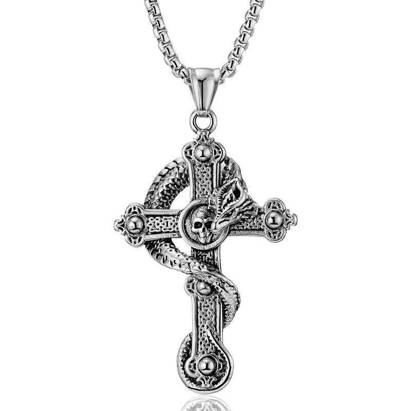 Retro Unisex Titanium Steel Divine Dragon Cross Pendant Necklace