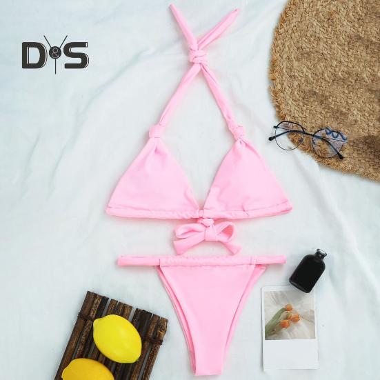 2Pcs/Set Women Bikini Set Halter Padded Wireless Bikini Bra High Waist Swimming Briefs Set Split Design Solid Color Swimsuit