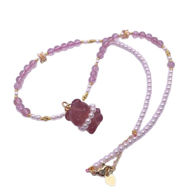 Natural strawberry crystal rose necklace fashionable bear women's delicate Hanfu accessories must-have