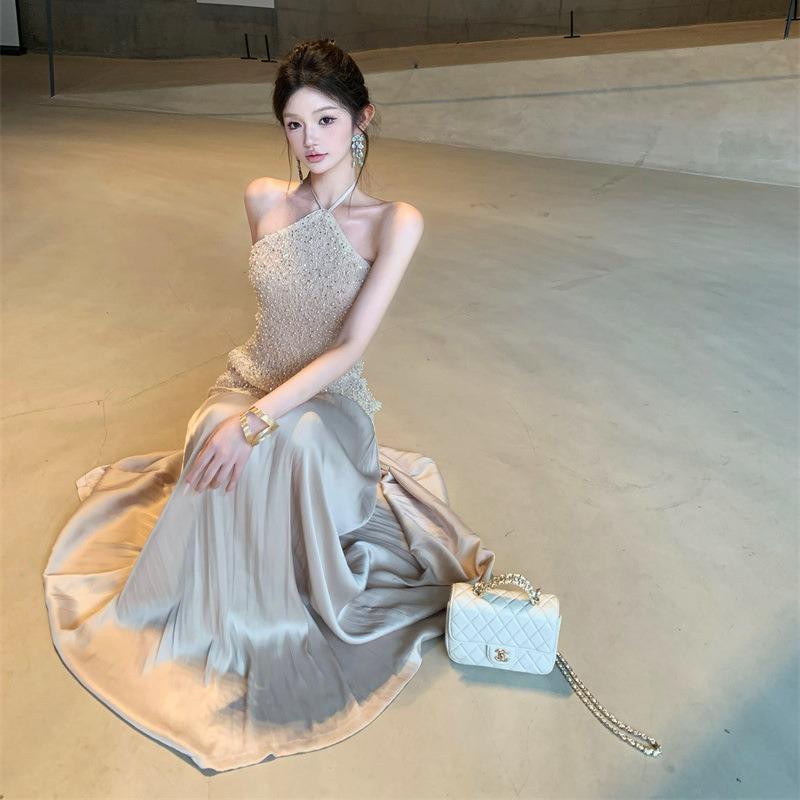 Lace Splicing Satin Long Skirt Women's Engagement Dress Design Sense Halterneck Toast Dress Return Door Dress Can Be Worn Every Day