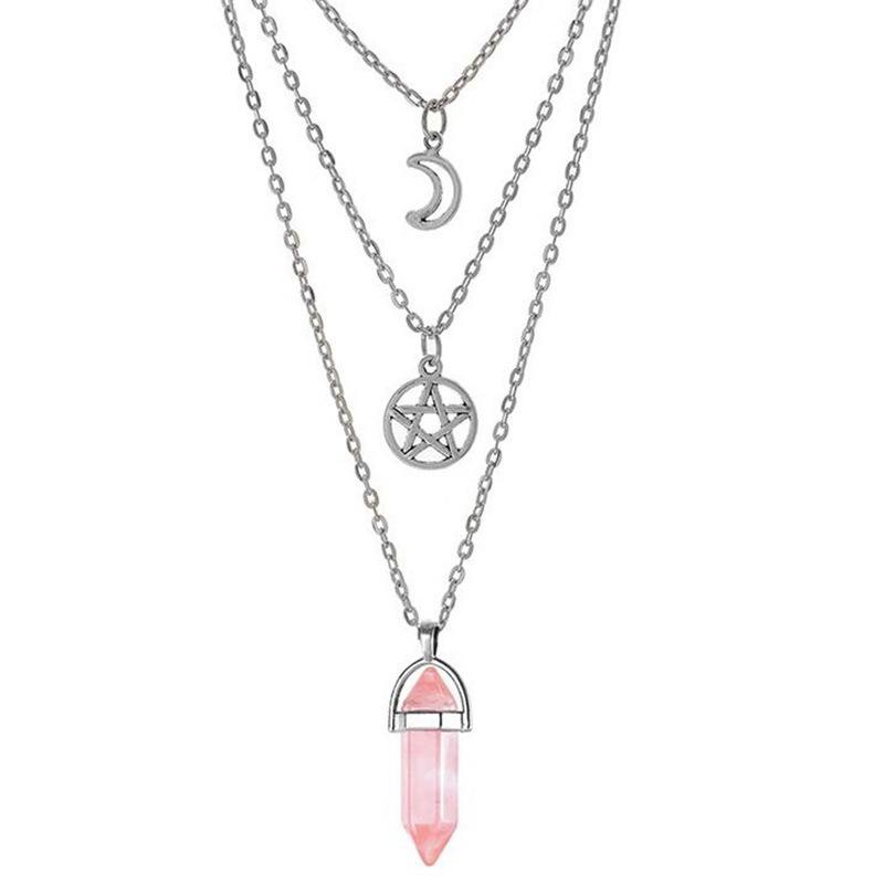 Mehrlagige Achat-Halskette mit hohlem Mond- und Sternanhänger für Damen, Schmuck für das Schlüsselbein