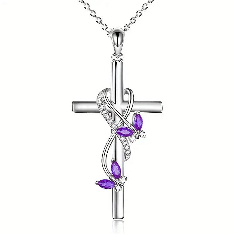 

1 PC Silver Bow Cross Pendant Necklace Adorned with Charming Blue Gemstones for Women