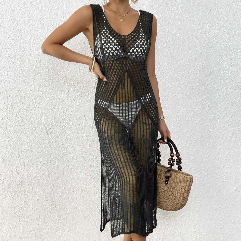 Women's Holiday Beach Hollowed Out Woven Sundress Long Sexy Slit Dress