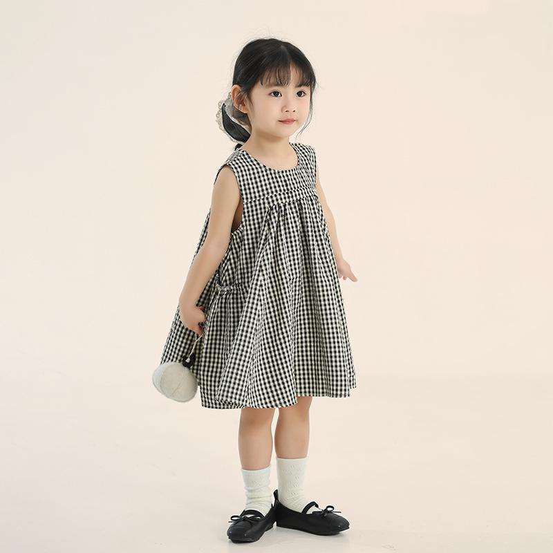 Little Kids Girls Plaid Sleeveless A Line Korean Style Casual Dress 90cm
