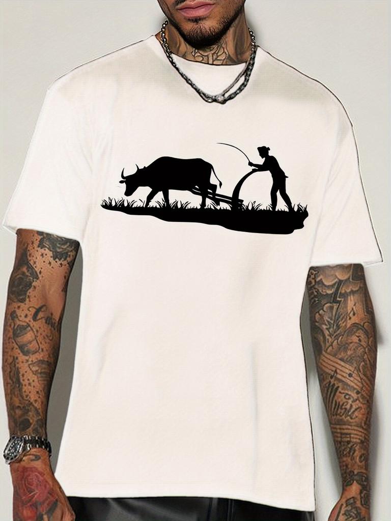 Vintage Farming Unisexs Crew Neck Cotton T Shirt Farmer Plowing With Ox Silhouette Print Short Sleeve Countryside Casual Street Top