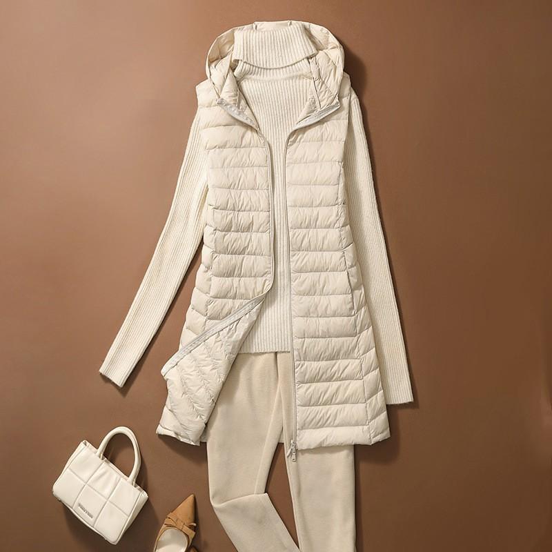 

Женский осенне-зимний легкий пуховый жилет с капюшоном, средней длины, приталенный, без рукавов, спортивная куртка XS бежевый