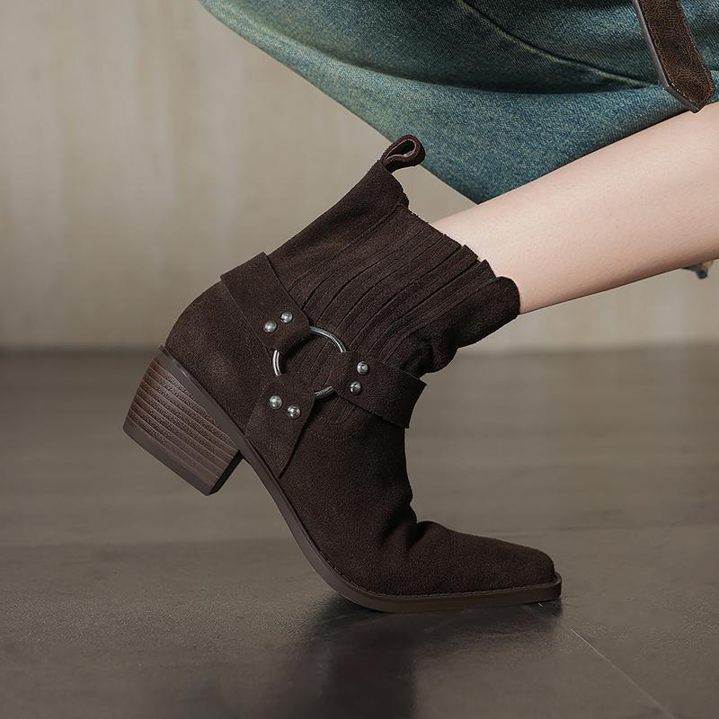 Fashion 2025 New Leather Shoes Women Genuine Square Toe High Heel Ankle Boots Thick Square Heel Slip on Western Boots Cowboy Boots Women
