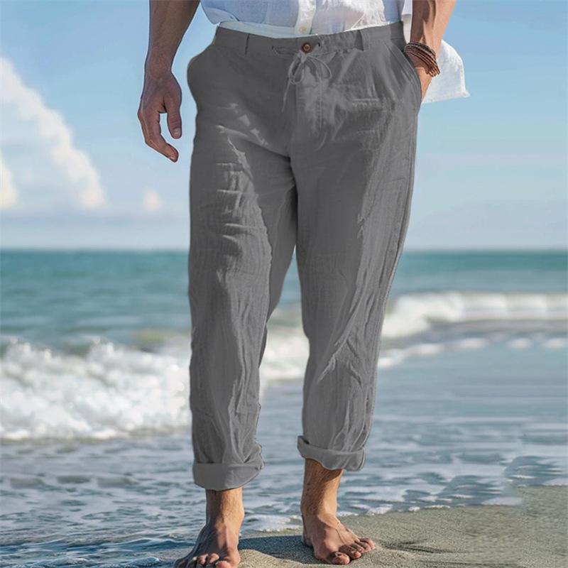 Men's Plain Linen Summer Drawstring Outdoor Casual Beach Trousers
