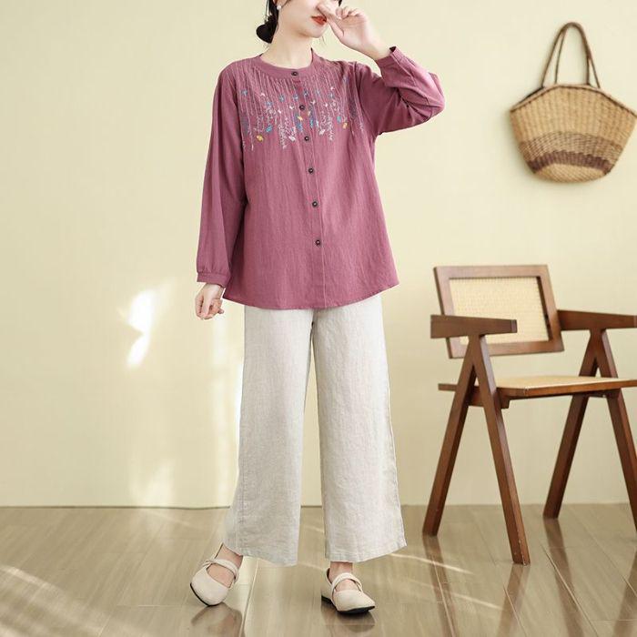 Plus Size Embroidered Cotton Linen Long-Sleeve Cardigan for Women