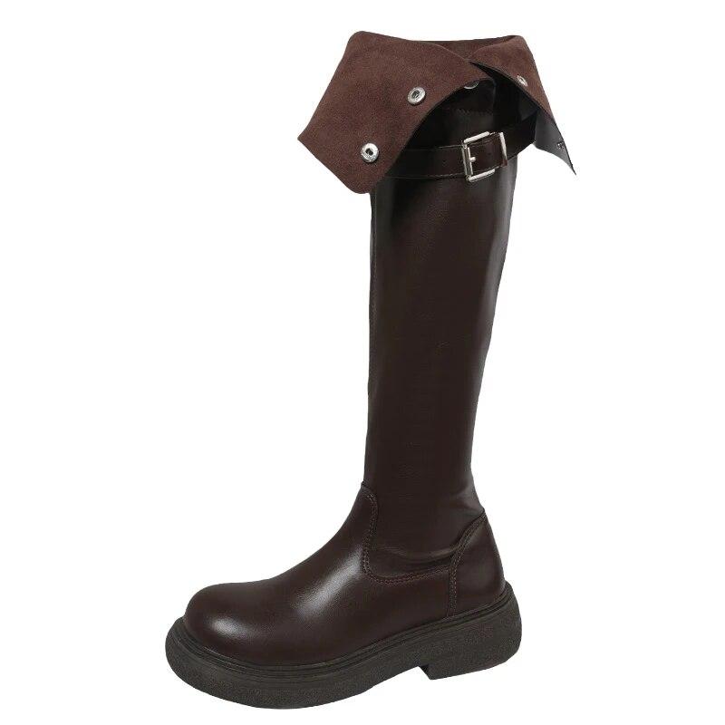 Botas por encima de la rodilla de invierno para mujer, botines largos elegantes de tacón bajo sin cordones a la moda, botines de caballero con hebilla de cinturón para mujer