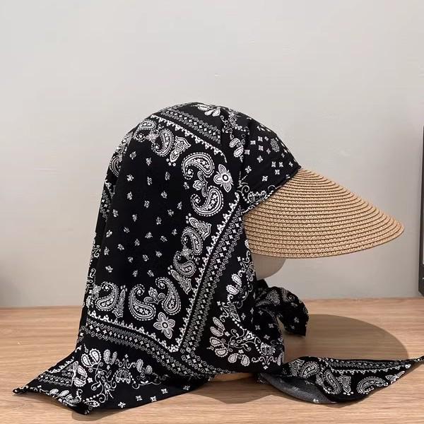Women's UV Protection Straw Hat with Integrated Headscarf & Neck Cover for Outdoor Cycling & Travel